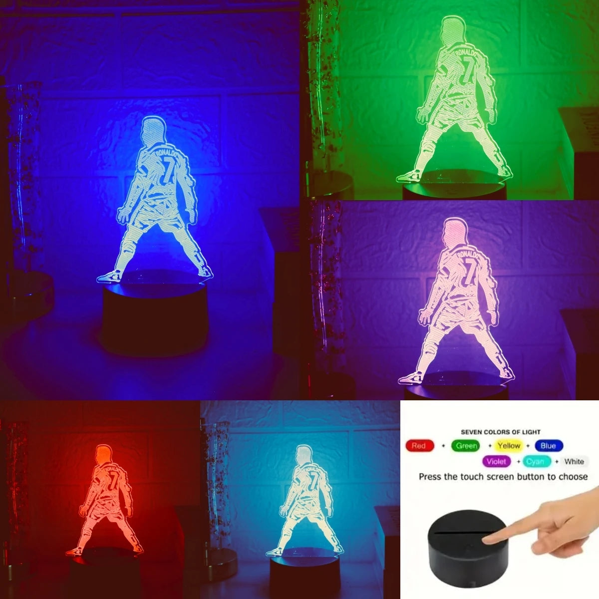 Set von sieben farbigen LED-Nachtlichtern, die eine Figur in verschiedenen Farben wie blau, grün, lila, rot und weiß zeigen.