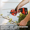 A hand is using an orange and black cordless electric pruning shear on a tree branch.