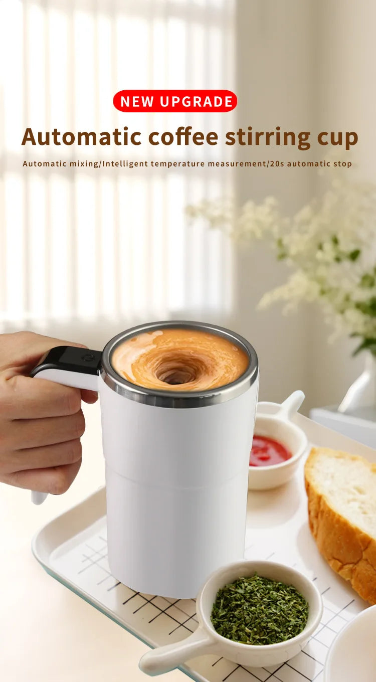 A white automatic coffee stirring cup is shown being held, with a small bowl of green tea leaves nearby.