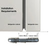 Diagram showing installation requirements for a refrigerator cabinet and door, including the dimensions of the safety lock.