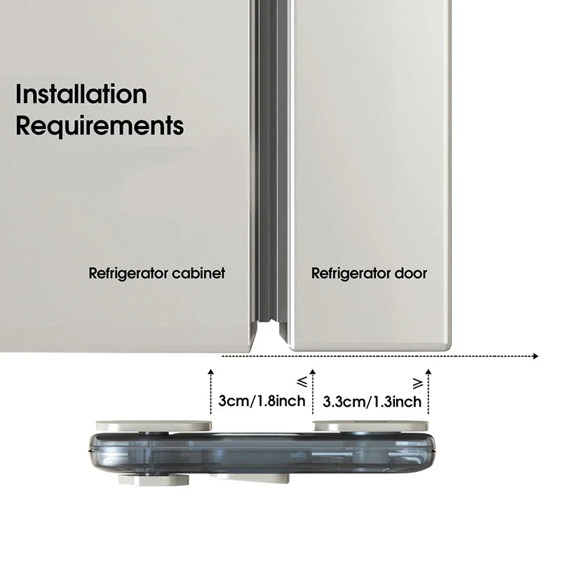 Diagram showing installation requirements for a refrigerator cabinet and door, including the dimensions of the safety lock.