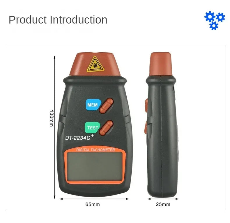 A black digital tachometer device is shown with a yellow warning triangle, featuring MEM and TEST buttons.