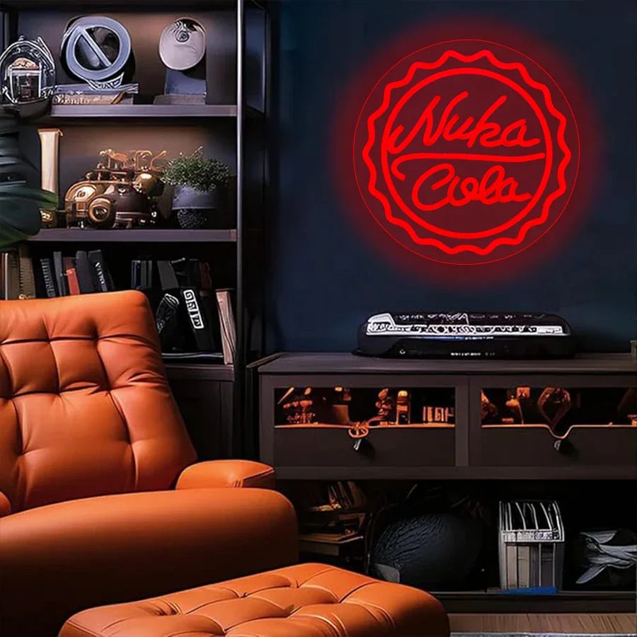 A neon sign featuring a bottle cap design for Nuka Cola displayed on a dark shelf next to a leather armchair.