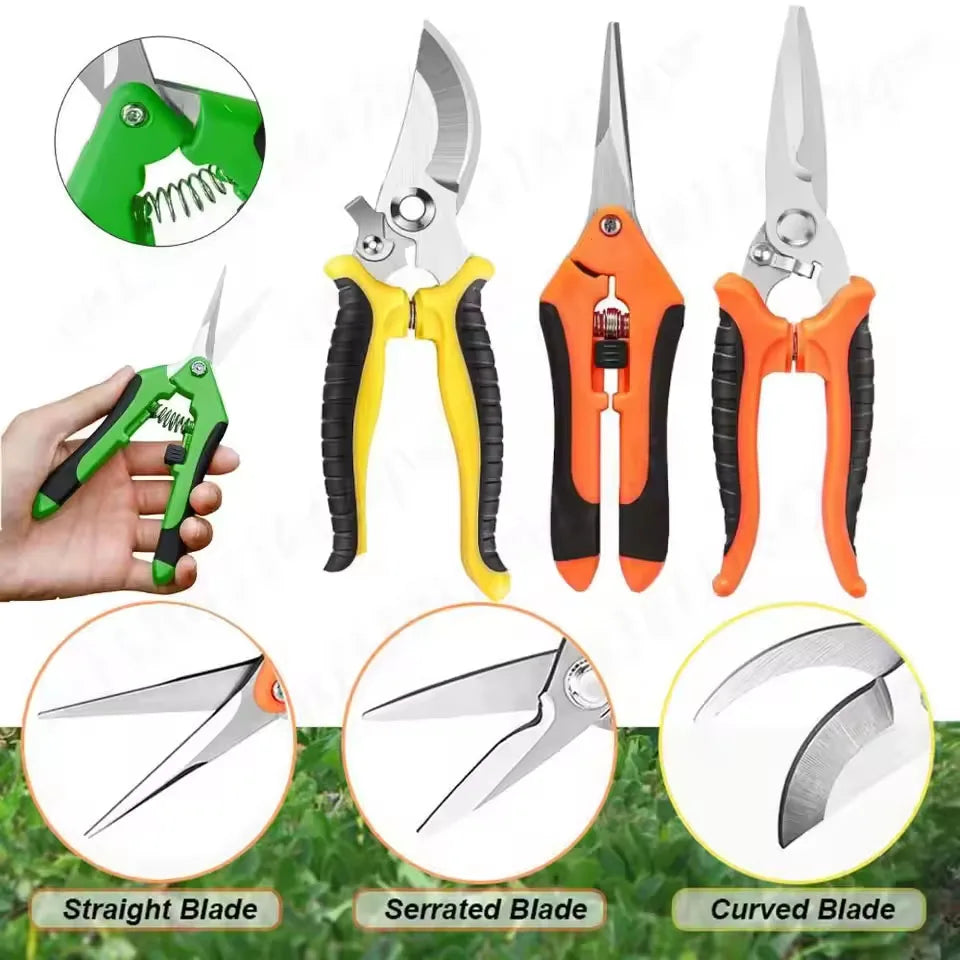 A set of three stainless steel garden scissors with straight, serrated, and curved blades and ergonomic handles.