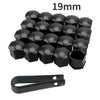 A set of 20 black anti-rust wheel nut caps, measuring 19mm, arranged in a grid with a single tool.