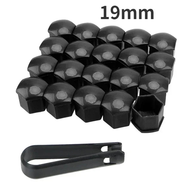 A set of 20 black anti-rust wheel nut caps, measuring 19mm, arranged in a grid with a single tool.