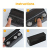 Instructions showing how to open and close a black car coin storage box for organizing coins and small items