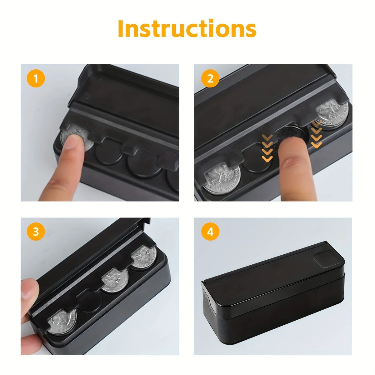 Instructions showing how to open and close a black car coin storage box for organizing coins and small items