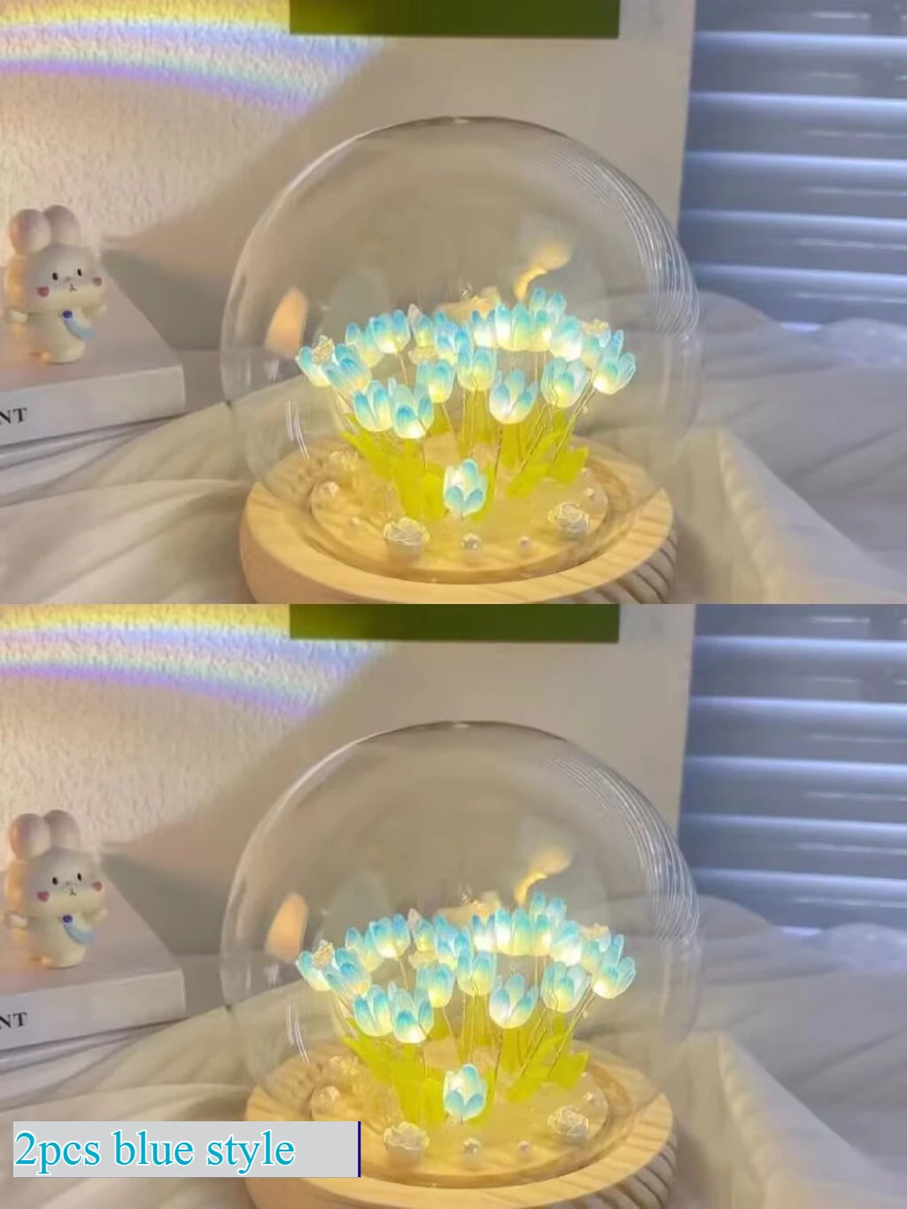 A glass dome containing a cluster of blue LED tulips used as a night light.