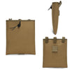 A tan tactical MOLLE dump pouch with a drawstring closure and a vertical strap.