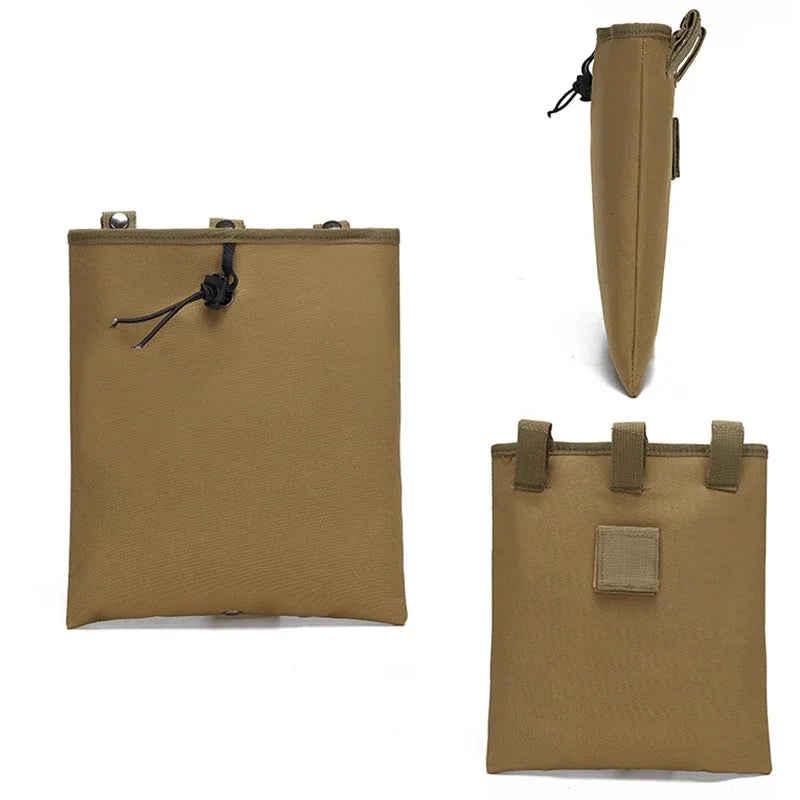 A tan tactical MOLLE dump pouch with a drawstring closure and a vertical strap.