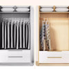 A wooden closet organizer displaying a row of multi-layer trousers hangers and folded white shirts.