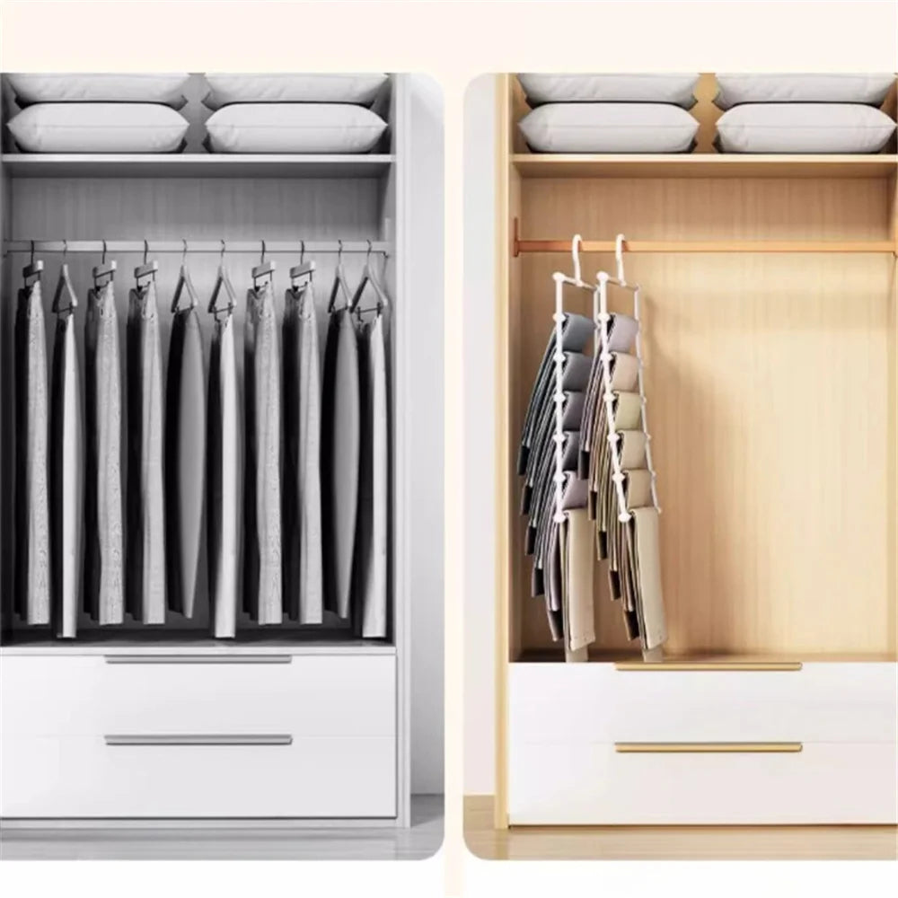 A wooden closet organizer displaying a row of multi-layer trousers hangers and folded white shirts.