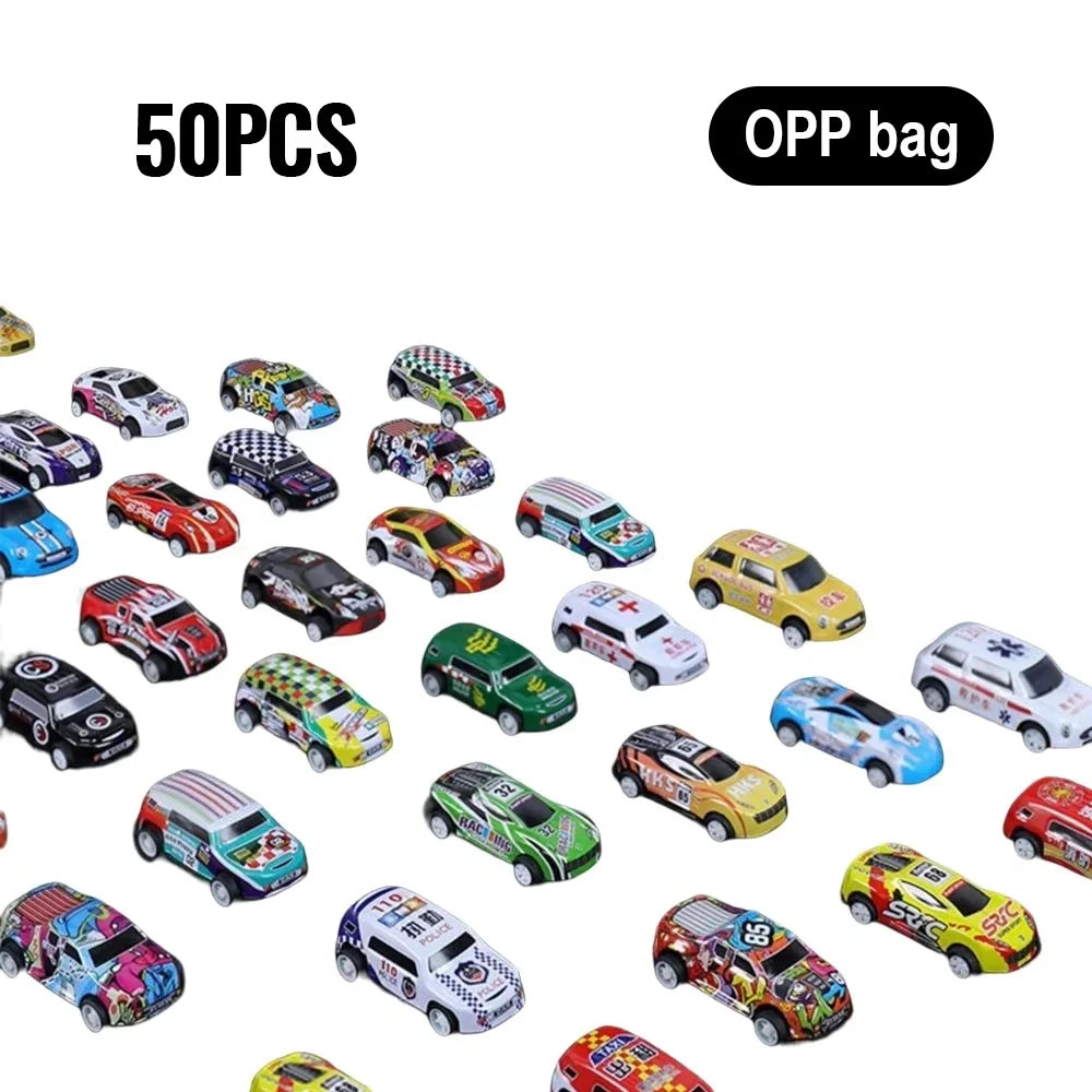 A collection of 50 diecast pull-back cars in various colors and models packaged in an OPP bag.