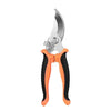 Stainless steel bypass pruning shears with an orange ergonomic grip.