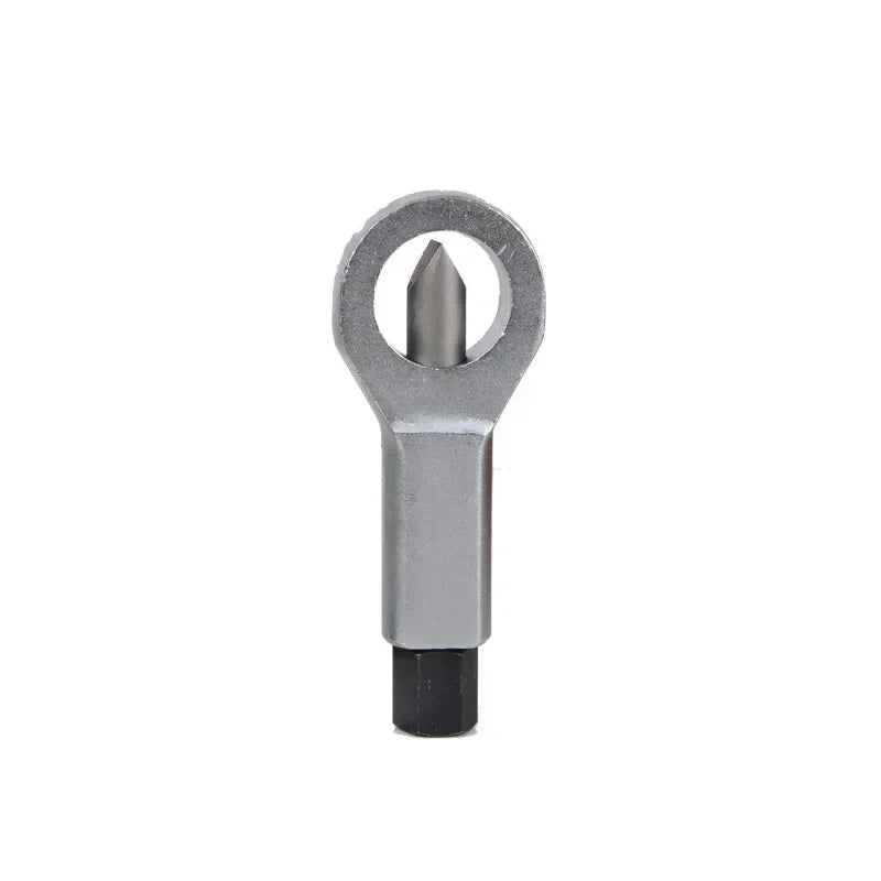 A silver rusty nut splitter tool with a hexagonal opening and a pointed tip.