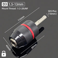 A close-up view of a D3 drill chuck with a 1.5-13mm shank, featuring a 1/2-20 UNF mount thread and an SDS Plus adapter.