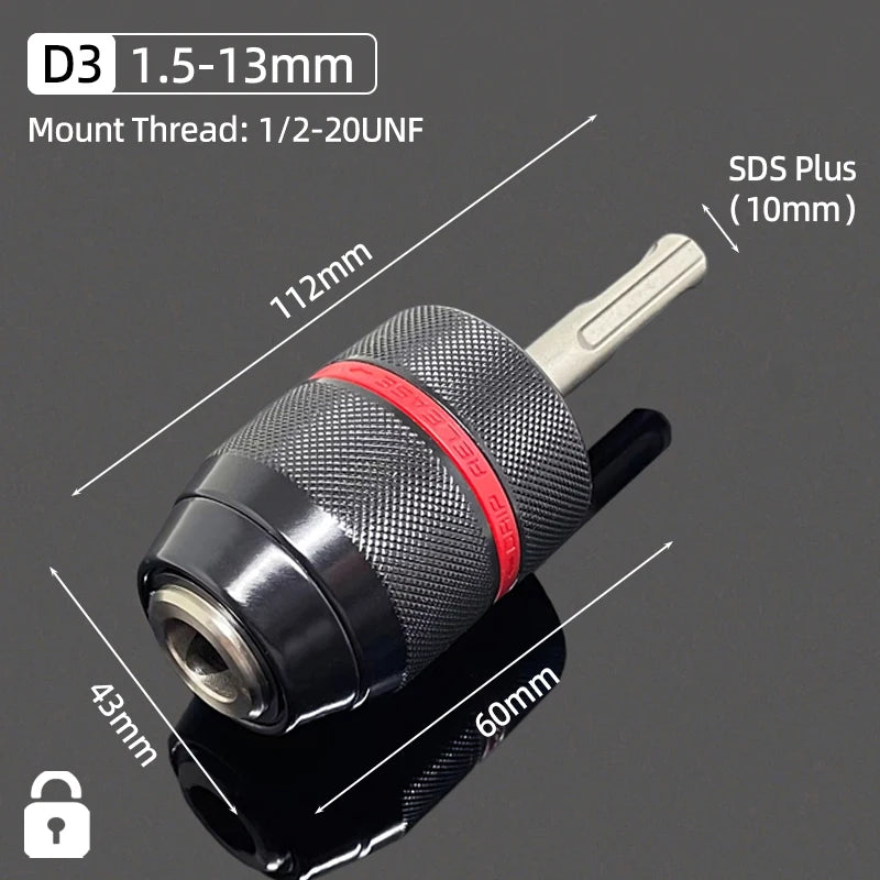 A close-up view of a D3 drill chuck with a 1.5-13mm shank, featuring a 1/2-20 UNF mount thread and an SDS Plus adapter.