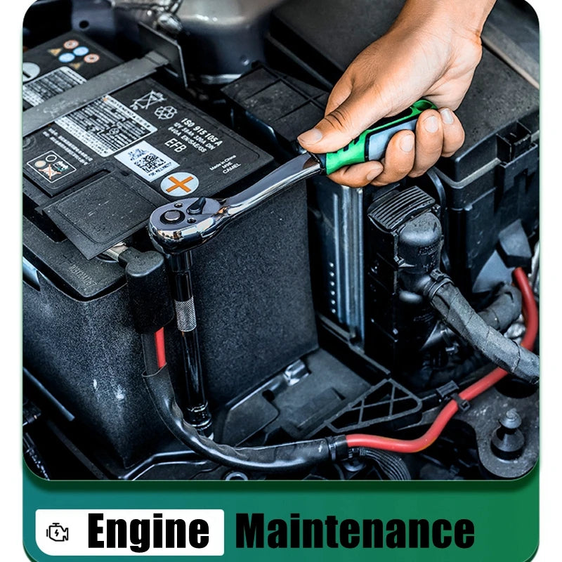 A hand is using a green chrome vanadium socket set with a quick-release ratchet for engine maintenance.