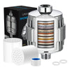 A shower head water purifier device shown with a removable filter cartridge and related components.