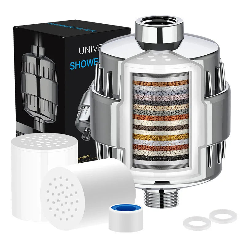 A shower head water purifier device shown with a removable filter cartridge and related components.