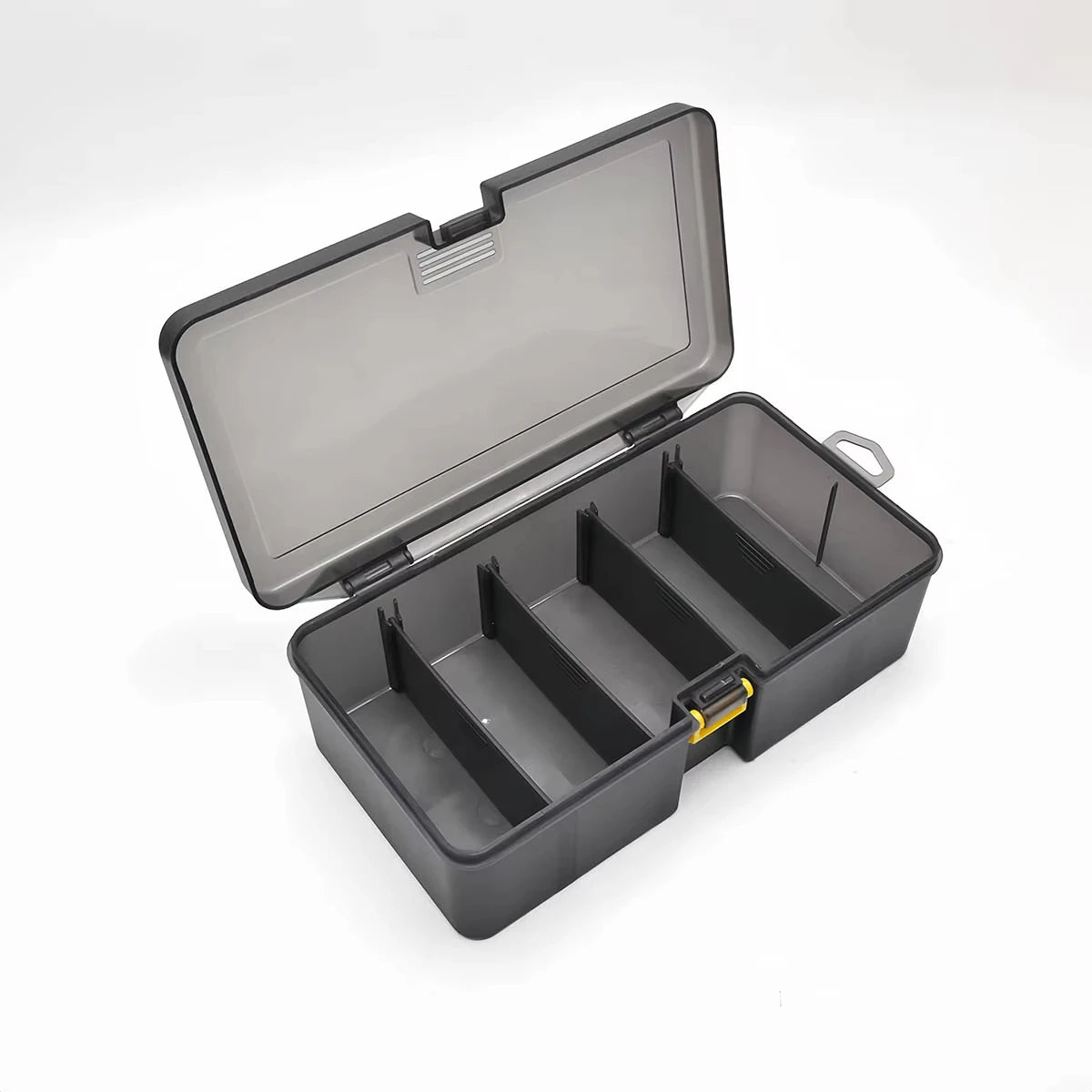 Robuste Angelbox mit offener Klappe und mehreren Fächern zum Aufbewahren.
