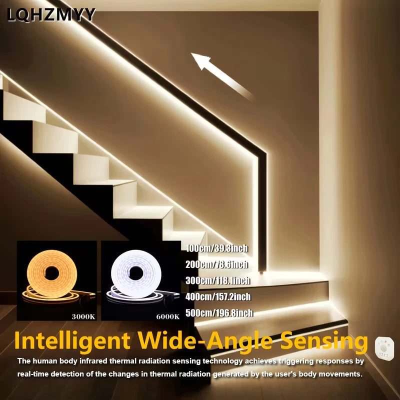 LED wide-angle sensing light strip illuminating a staircase with a modern design