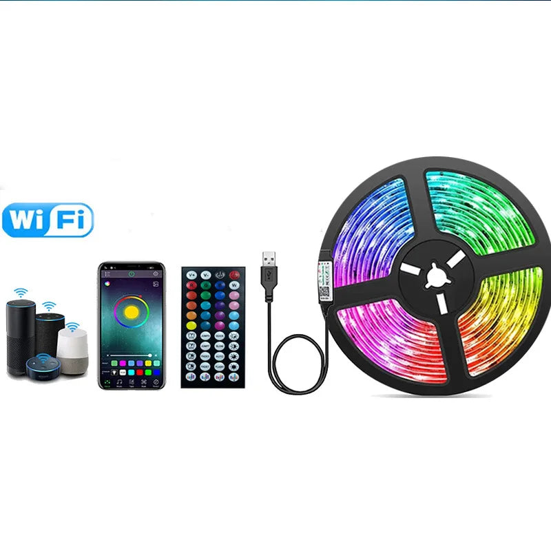شرائط إضاءة LED بأضواء RGB تعمل عبر USB، تتضمن وحدة تحكم وكابل طاقة ولوحة إضاءة دائرية.
