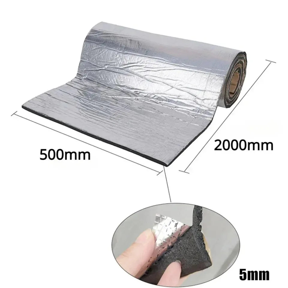 Roll of silver automotive sound deadening and heat insulation mat with dimensions 500mm by 2000mm and 5mm thickness