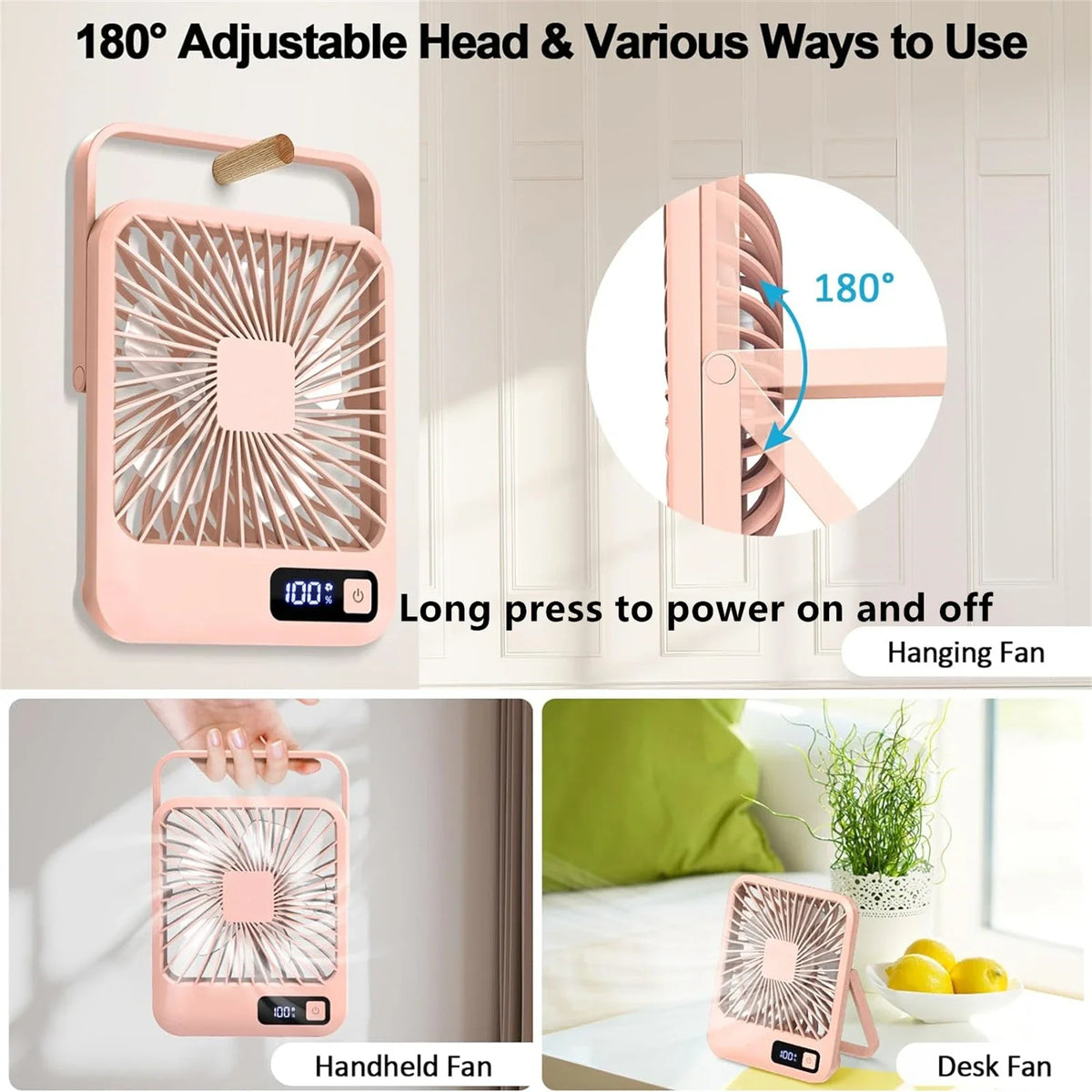 Portable USB Desk Fan with 180° Foldable Stand and Digital Display