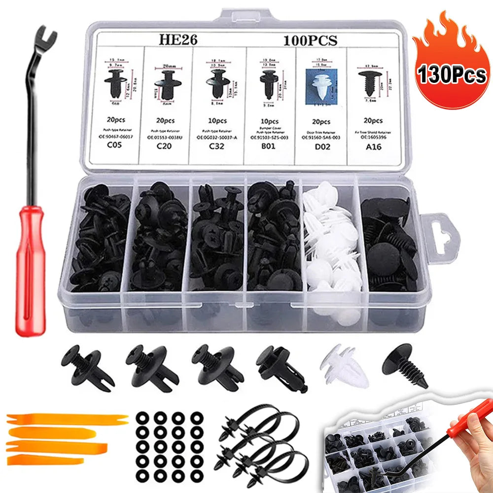 An assortment of 100 auto trim clips and a fastener remover tool in an acrylic case.
