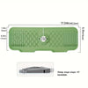 A green non-slip silicone kitchen sink mat with a drain tray shown in various dimensions.