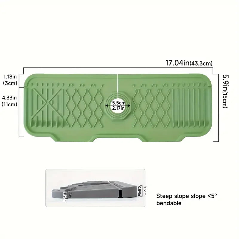 A green non-slip silicone kitchen sink mat with a drain tray shown in various dimensions.