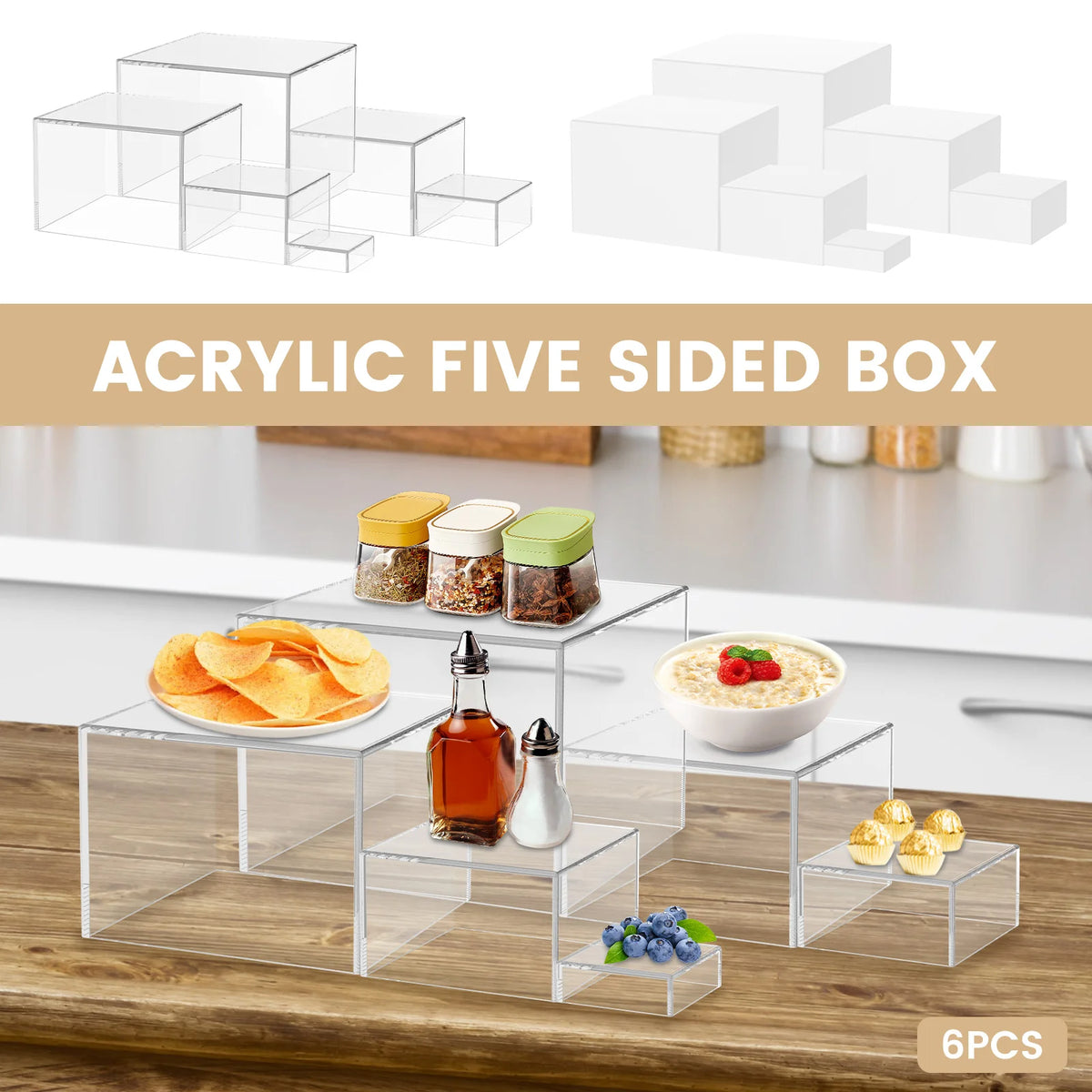Six clear acrylic five-sided boxes used as stackable display risers for food and desserts