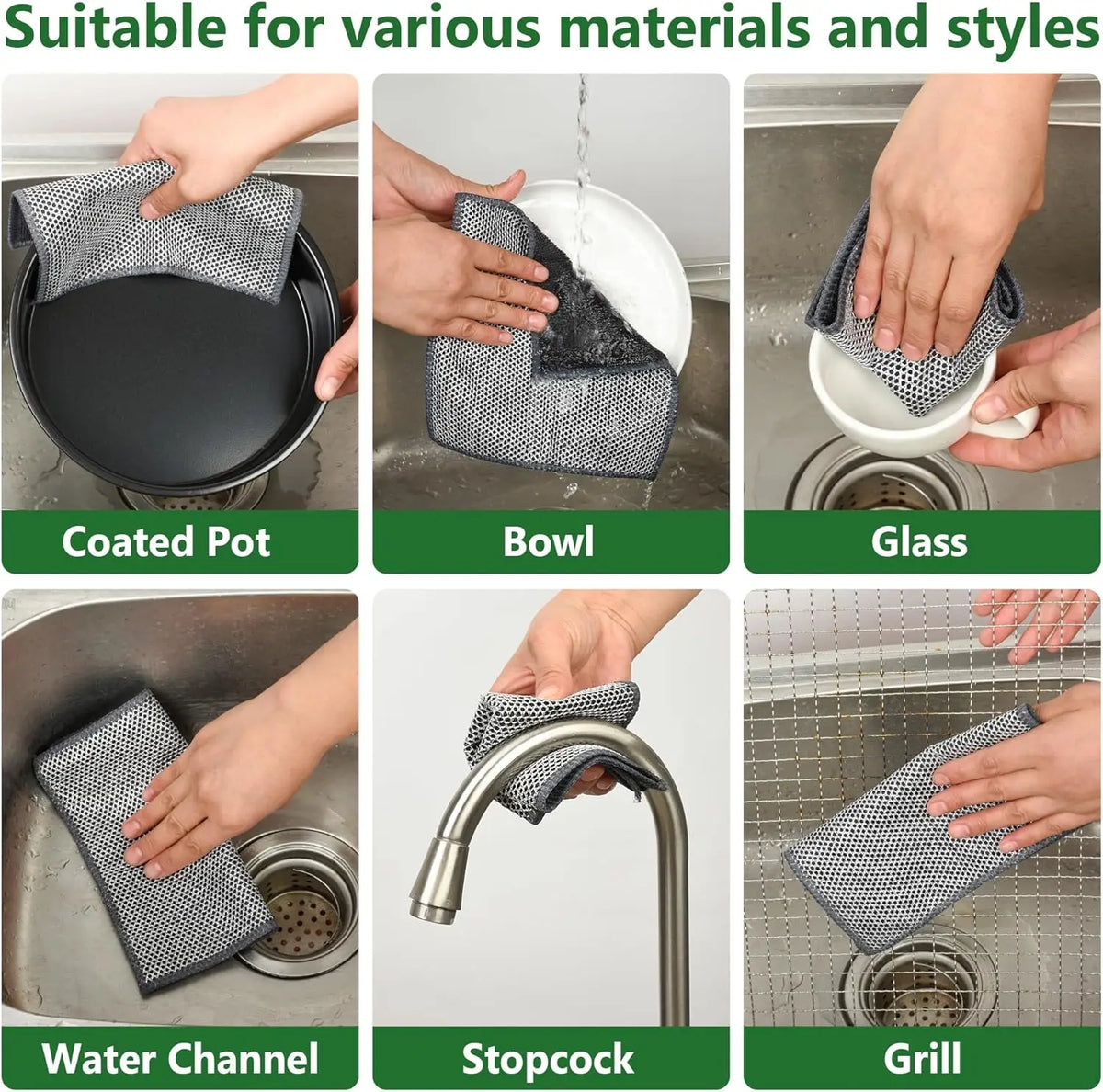 Various double-sided non-scratch dishcloths used for cleaning pots, bowls, glass, water channels, stopcocks, and grills.