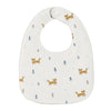 A white baby bib with a U-shaped design featuring small yellow and blue deer silhouettes on a patterned background.