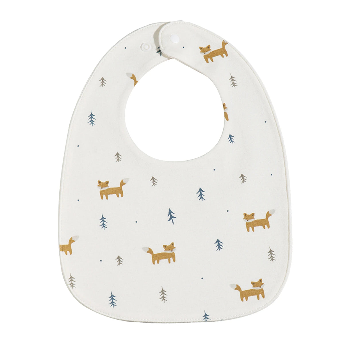 A white baby bib with a U-shaped design featuring small yellow and blue deer silhouettes on a patterned background.
