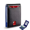 A black carbon fiber wallet with a blue lining and a red card slot is shown open, displaying cash and cards.
