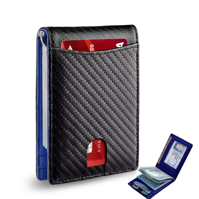 A black carbon fiber wallet with a blue lining and a red card slot is shown open, displaying cash and cards.