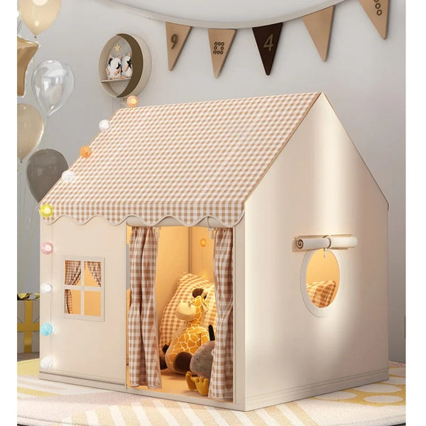 A beige foldable princess castle play tent with a checkered roof and a window showing a stuffed animal inside.
