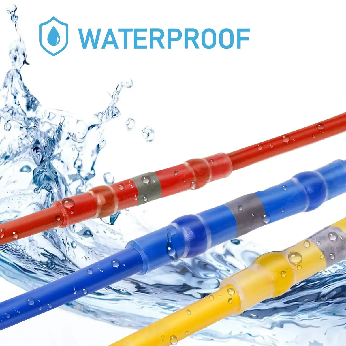 Close-up view of various colored waterproof heat shrink solder wire connectors being submerged in water.