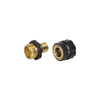 A set of aluminum garden hose quick connectors, including a male and female 3/4 inch connector.