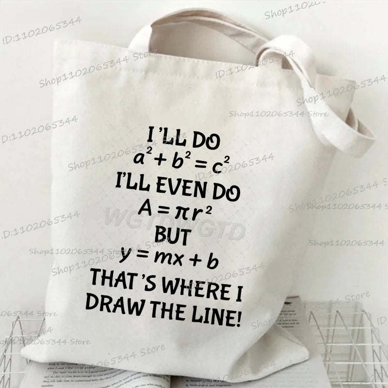 A white canvas tote bag with a mathematical equation printed on it.