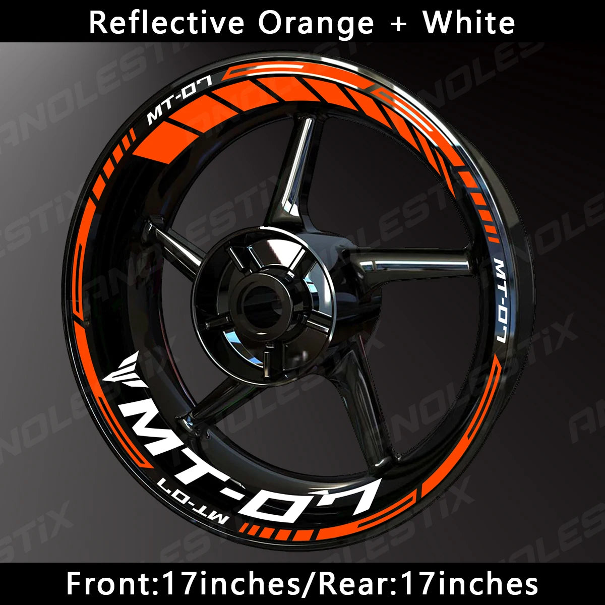 Reflective orange and white decals on a black motorcycle wheel rim for Yamaha MT-07