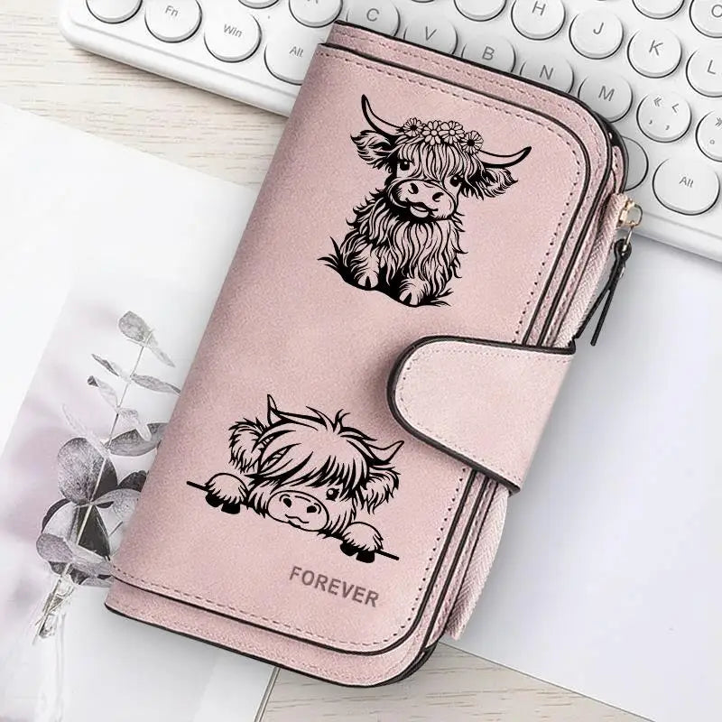 Adorable Highland Cow Long Wallet with Zipper Closure