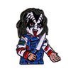 Enamel pin of Chucky the doll with black hair and a knife, featuring a menacing expression.