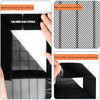 A black magnetic screen door curtain is shown being installed, highlighting its mesh fabric and edge width.