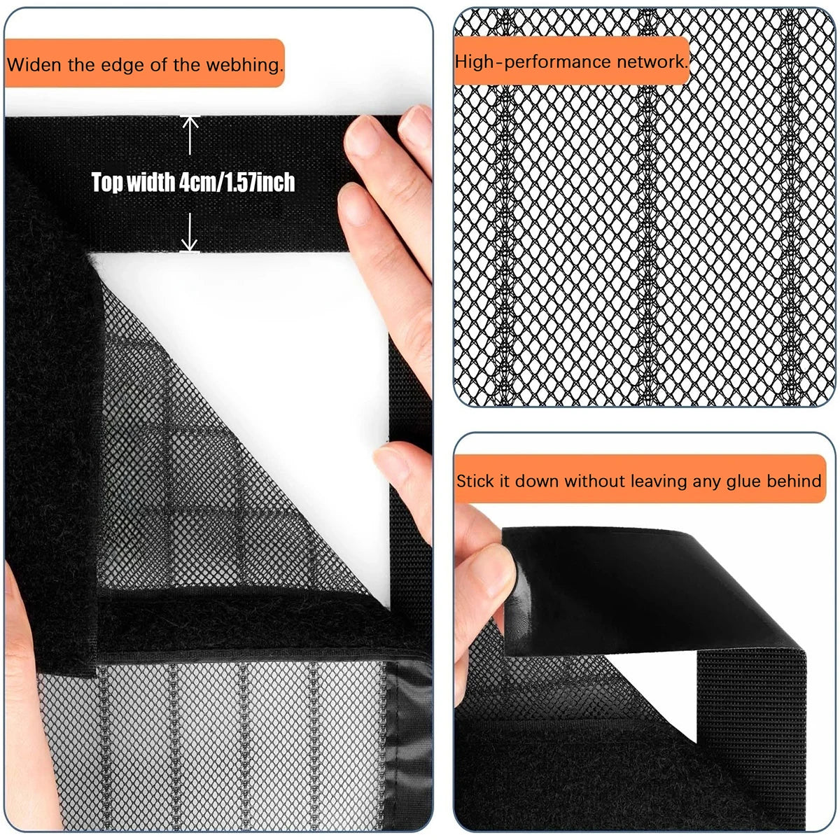 A black magnetic screen door curtain is shown being installed, highlighting its mesh fabric and edge width.