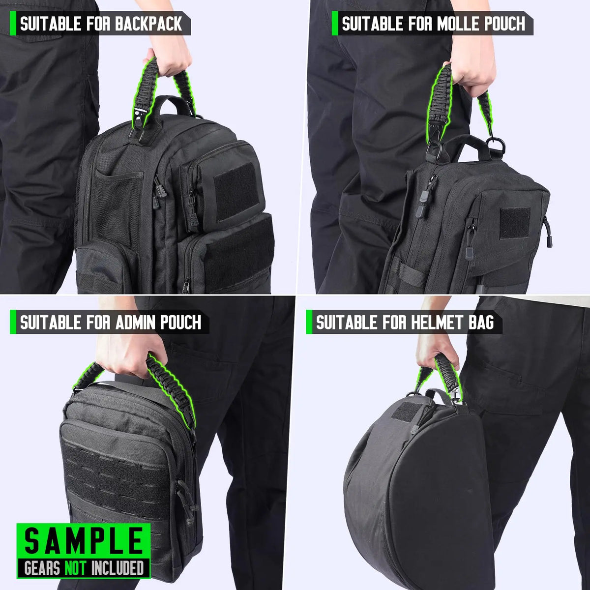 A black tactical bag is shown with a paracord handle and metal hook, suitable for backpack or molle pouch use.