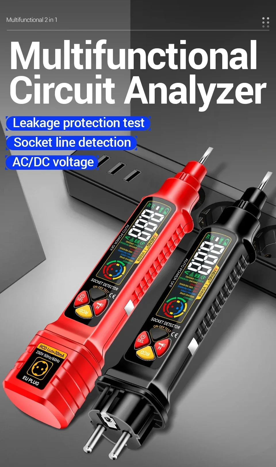 Socket Tester with AC/DC Voltage Detection and Polarity Check
